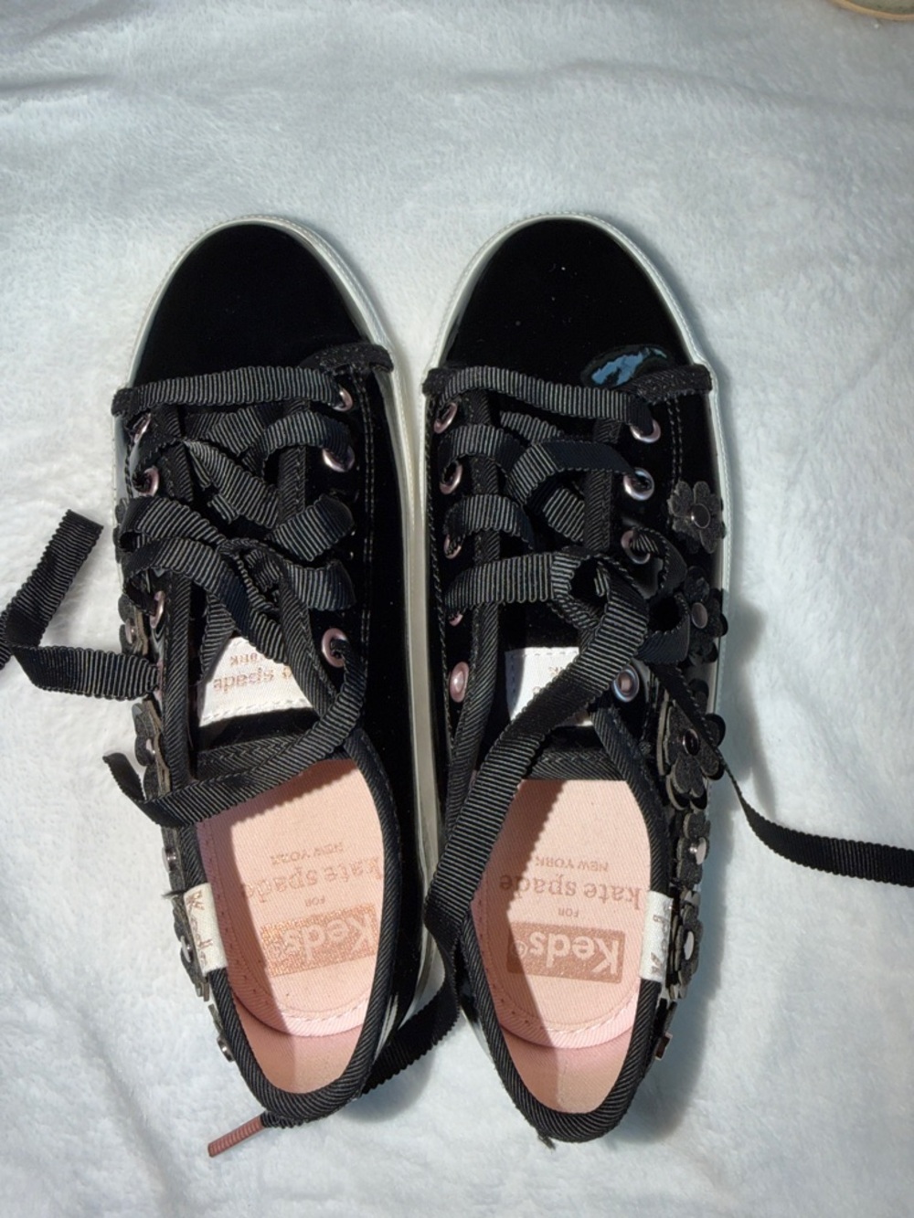 kate spade Black Floral Appliqué Ribbon Lace Sneakers